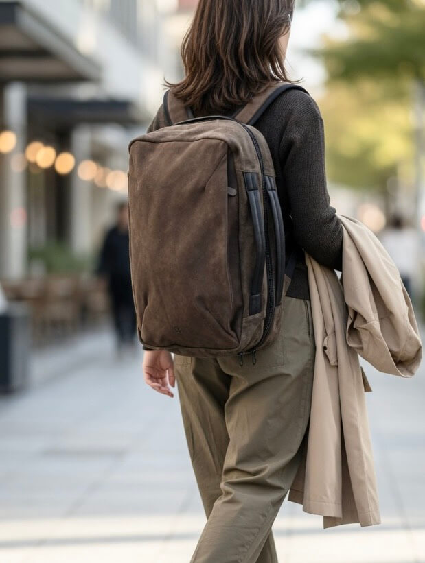 Person walking away on a city sidewalk, wearing a brown backpack and beige coat in hand.