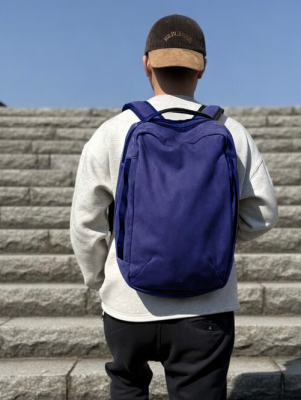 Back view of a person wearing a gray sweatshirt and beige cap, standing on concrete steps with a blue backpack.