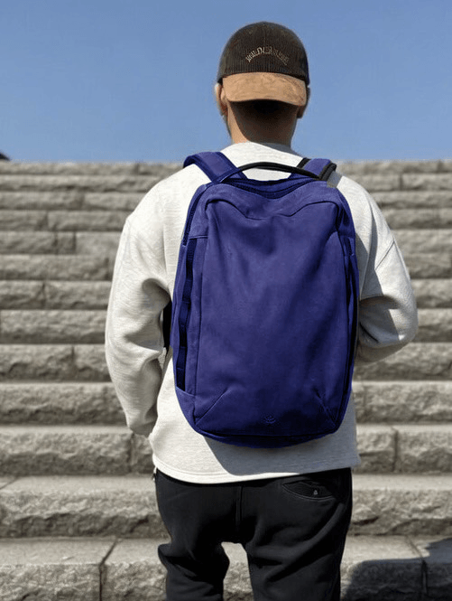 Back view of a person wearing a gray sweatshirt and beige cap, standing on concrete steps with a blue backpack.