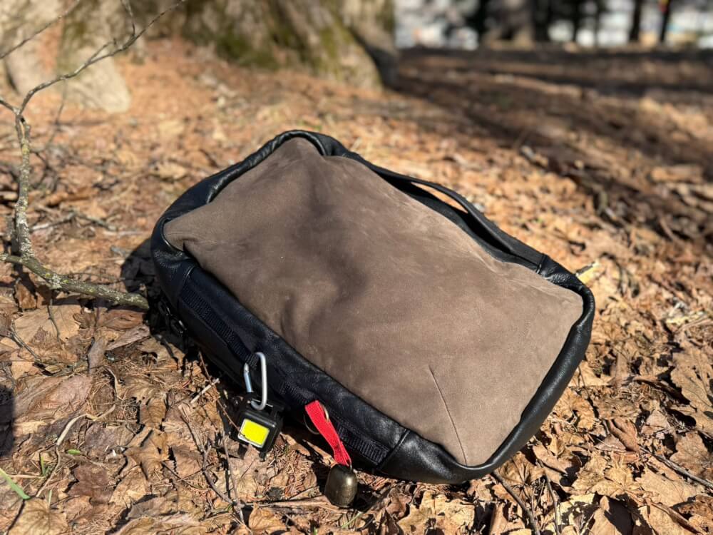 Camera bag lying on leaf litter in a wooded area; black sides with a brown top and a small lock on the zipper.