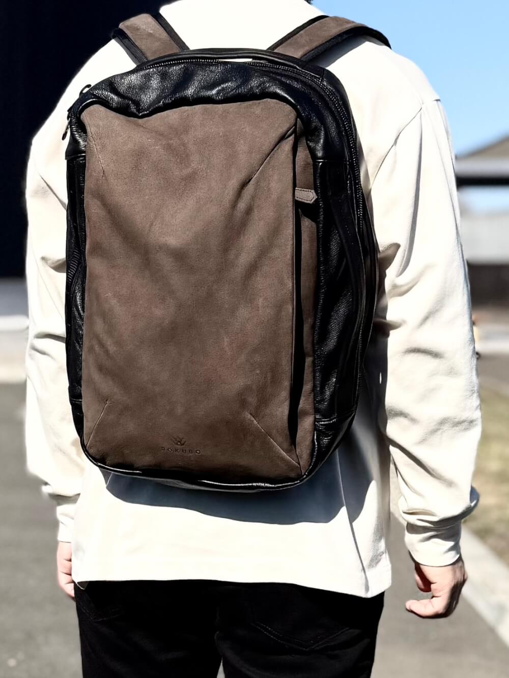 Person wearing a brown and black backpack on their back, seen from behind outdoors.