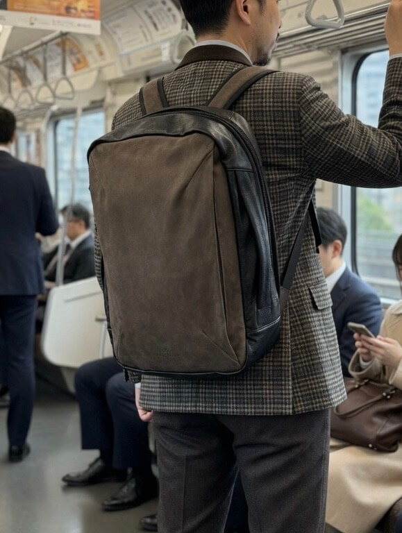 Man in a checkered blazer with a large brown backpack standing in a subway car, gripping a handrail.