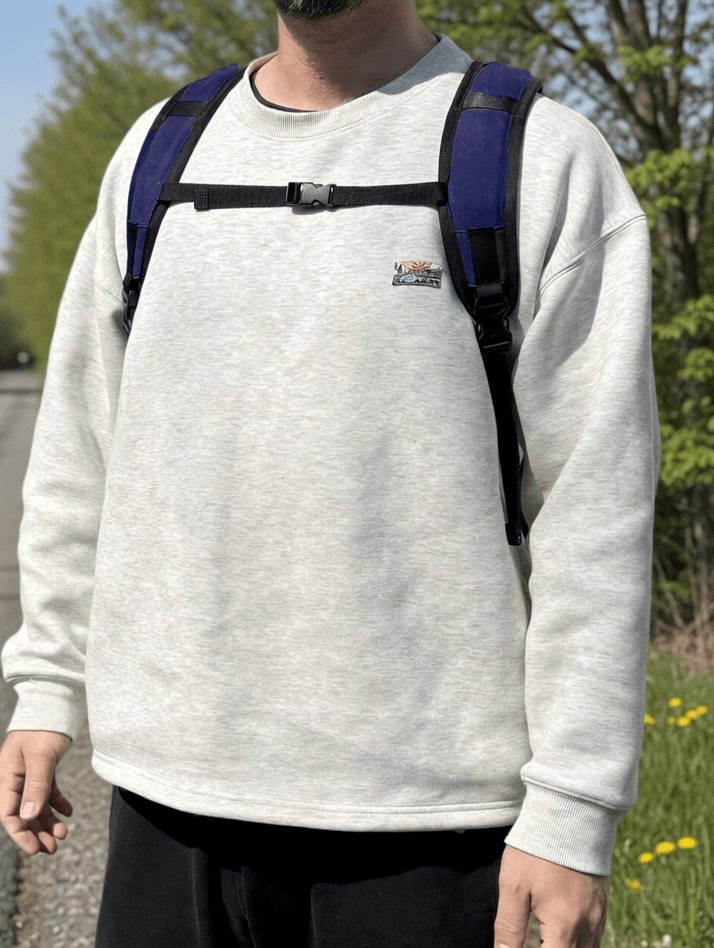 Person wearing a light gray sweatshirt with a blue backpack and chest strap outdoors on a sunny day.