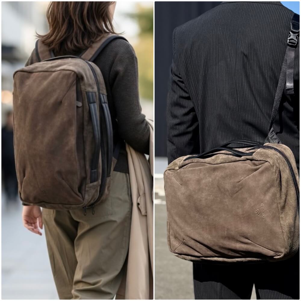Two-panel image: left shows a person walking with a large brown backpack on their back; right shows a close-up of a brown crossbody bag worn over a dark jacket.